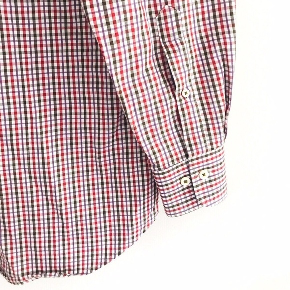 Peter Millar | Check Button Front Dress Shirt Medium Red Striped Button Cuff - Picture 5 of 9